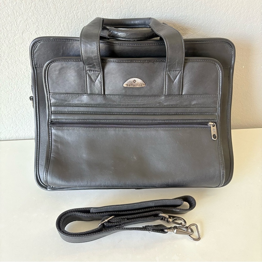 Samsonite Black Leather Laptop Briefcase Business Travel Bag Carry Case Fit 17”